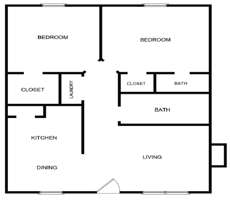 Floor plan for 2 beds, 2 baths, 905 sqft
